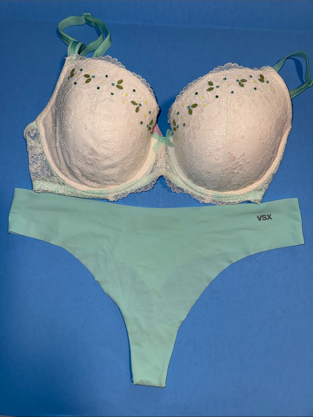 Victoria's Secret White Lace Bra with Mint Green Trim & Thong